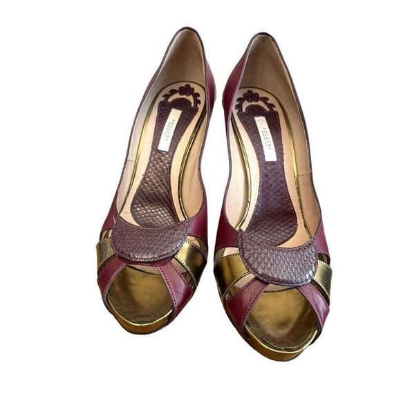 Pollini Women's 9.5 Euro 40 Purple Open Toe Pumps Snakeskin Gold Metallic Heels - Picture 6 of 10